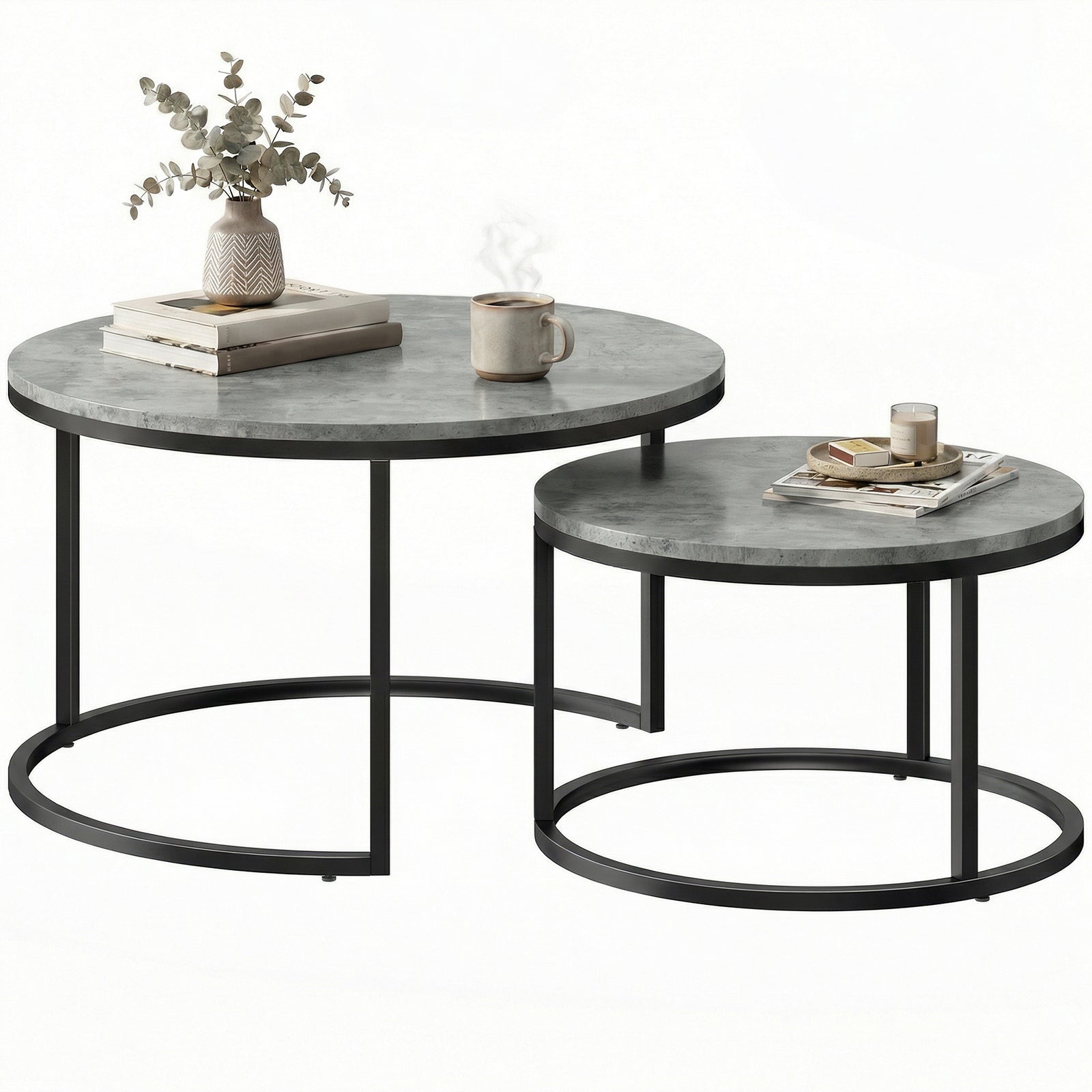2 Pcs Stacking Coffee Table Set Steel Frame | Grey