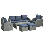 Cushioned Rattan Wicker Sofa, Recliner, Footstool, Table Set | Blue