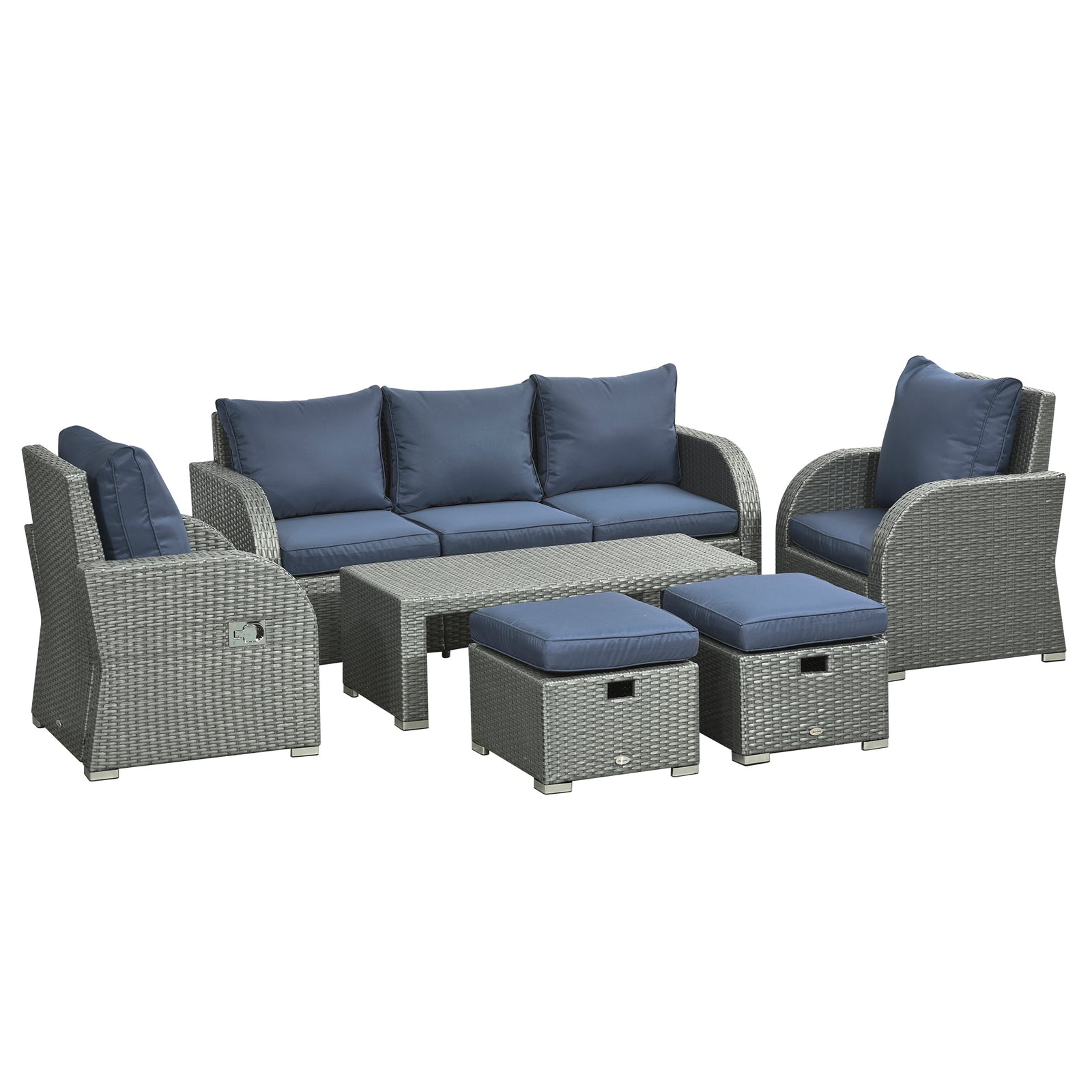 Cushioned Rattan Wicker Sofa, Recliner, Footstool, Table Set | Blue