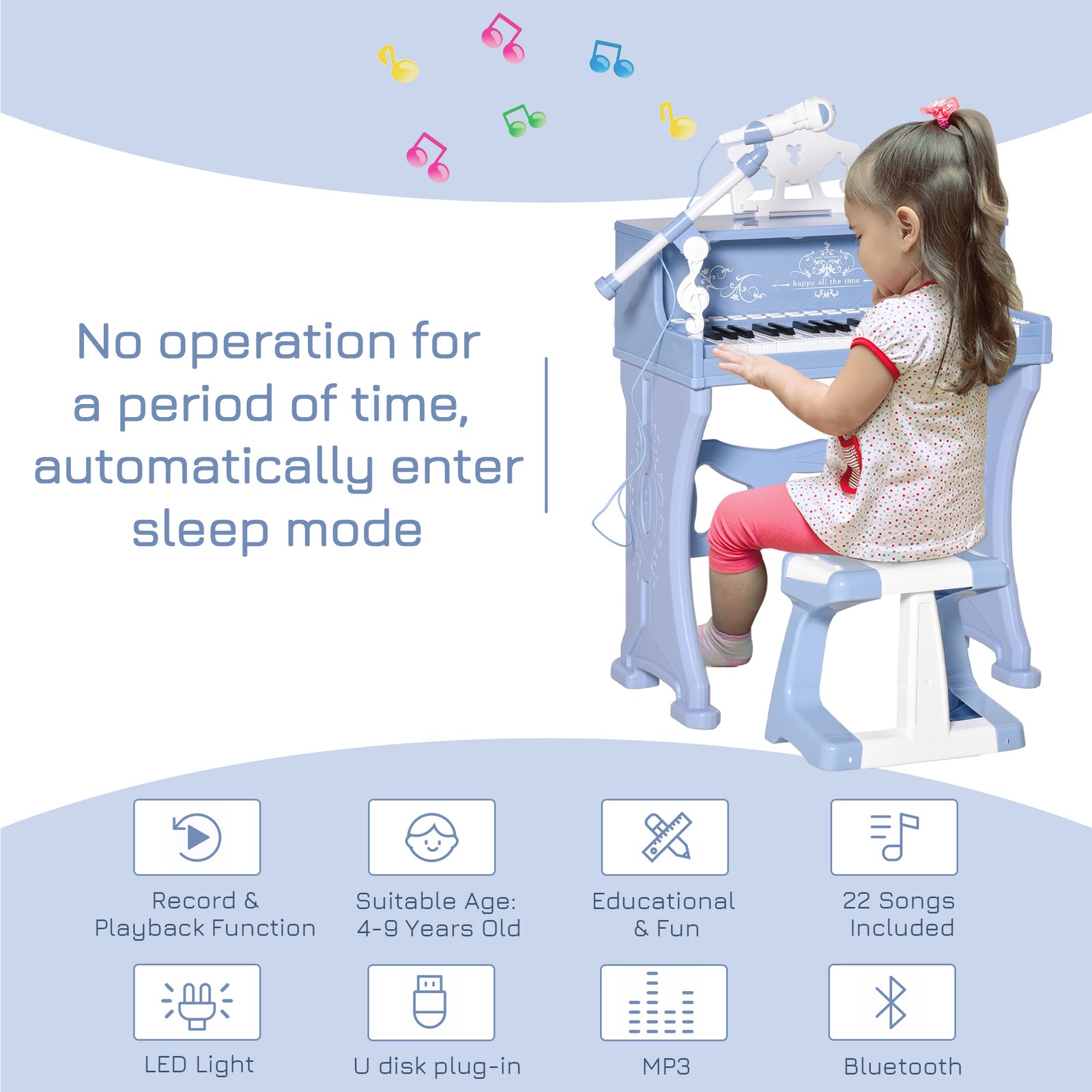 37 Key Keyboard Battery Piano Kids Microphone Stool Educational Game | Blue