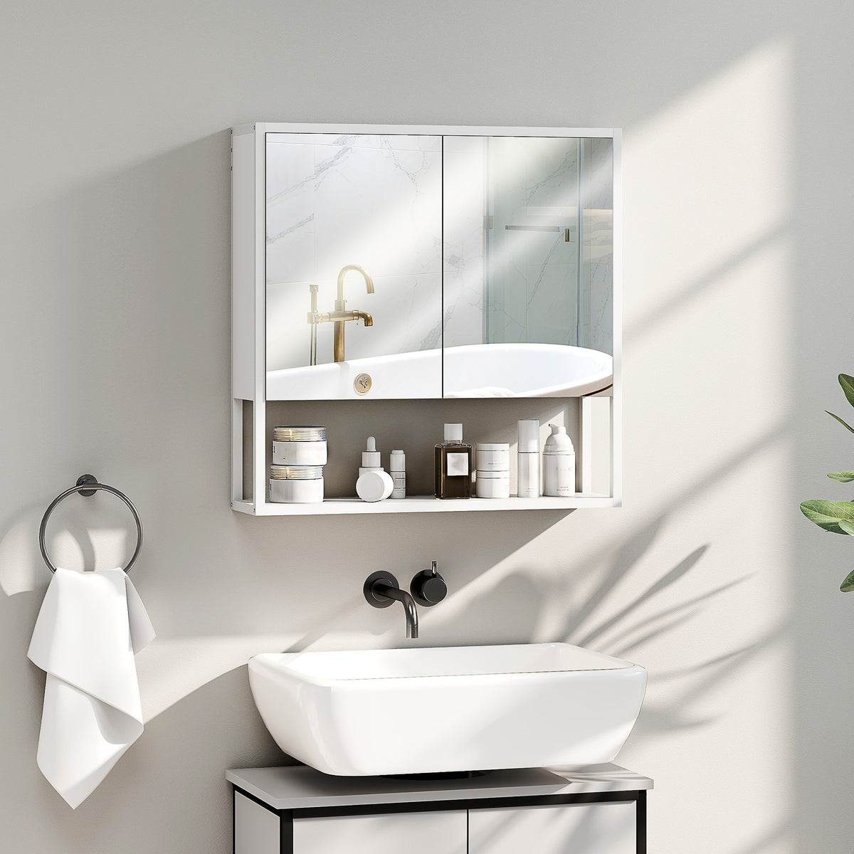 Industrial Bathroom Cabinet With 2 Mirrored Doors Open Shelf | White