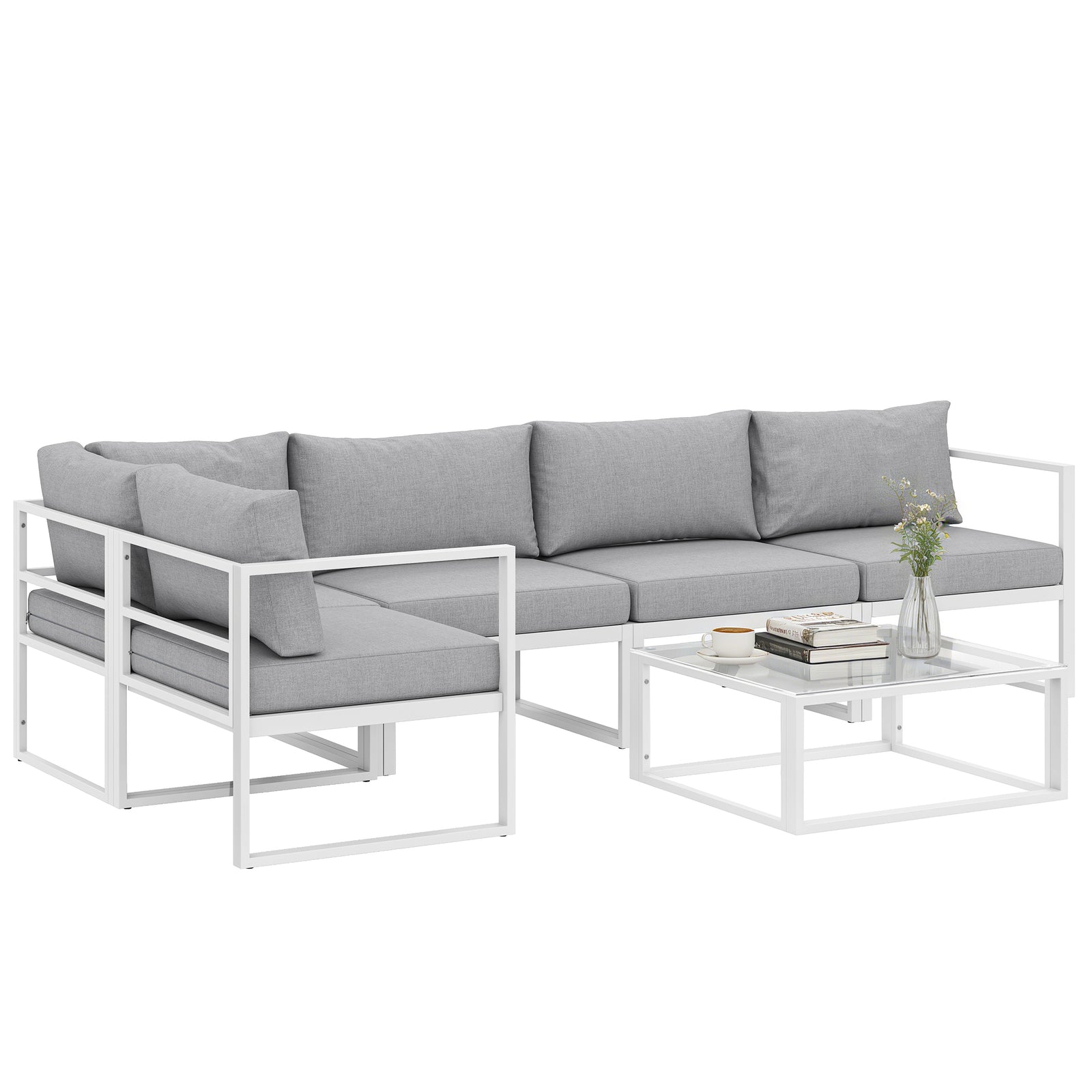 5 Seater Aluminium Garden Furniture Set With Table, Cushions | Light Grey