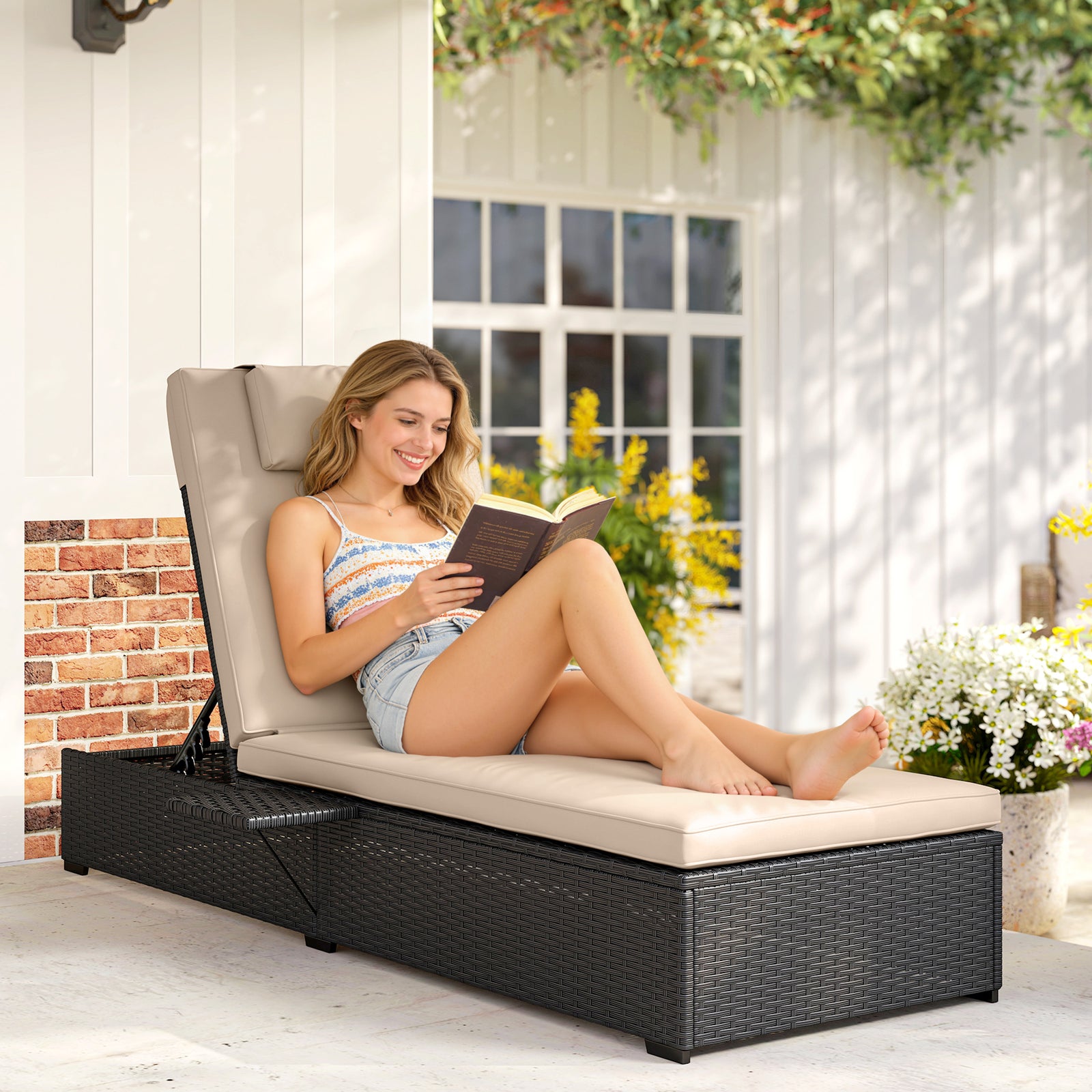 Rattan Sun Lounger, Garden Recliner W/ 5-level Back, Cushion | Black
