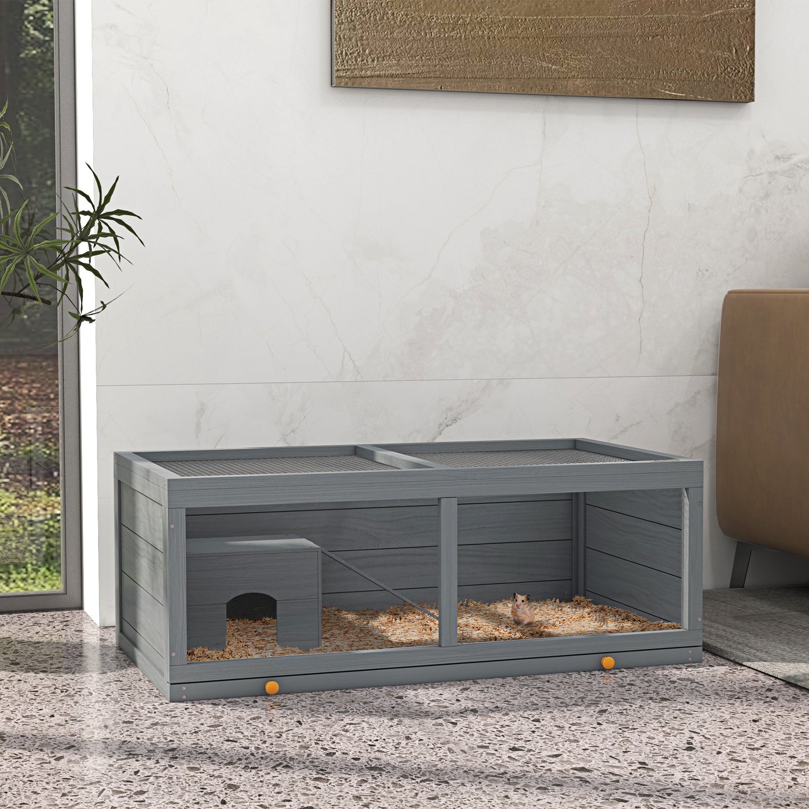 Pawhut Wooden Hamster Cage With Sliding Tray, Openable Top, Hut | Gray