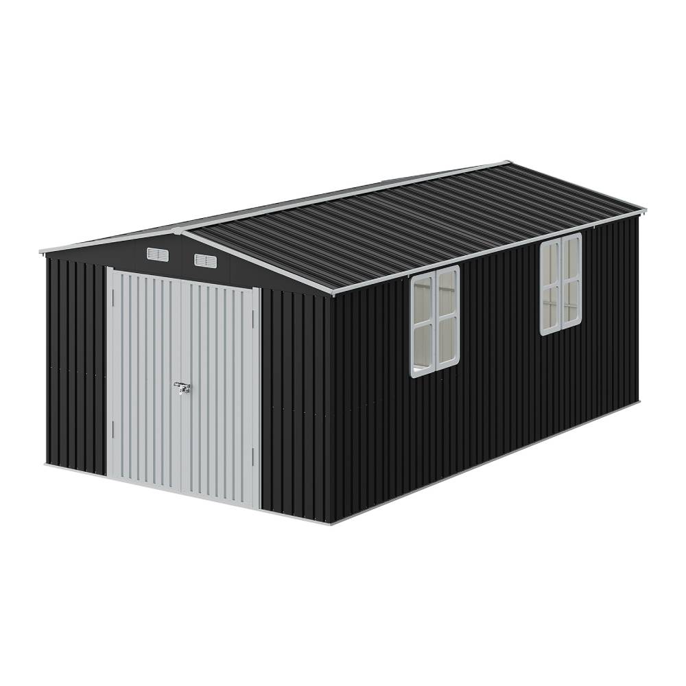 10x16ft Large Metal Storage Shed With Lockable Double Doors, 4 Windows, 4 Vents – Spacious Outdoor Tool Shed