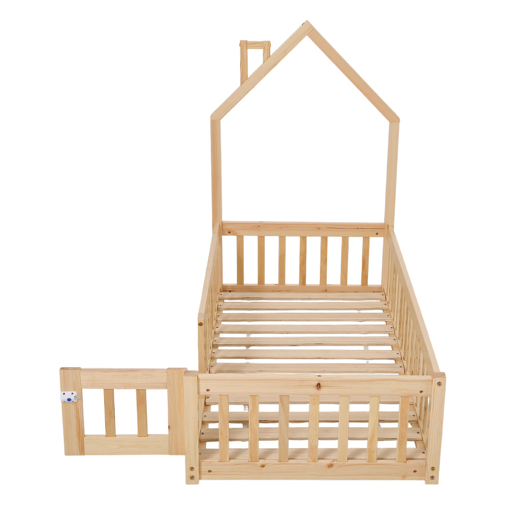 Natural Pine Wood House-140cm X 70cm Shaped Children’s Bed Frame With Guardrails