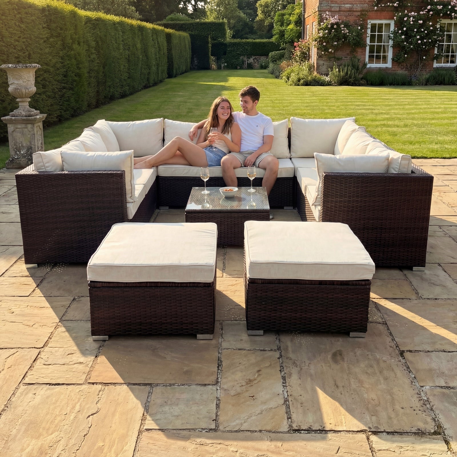 Oliena 10 Seat Modular Rattan Small U-shape Garden Furniture | Cream & Brown