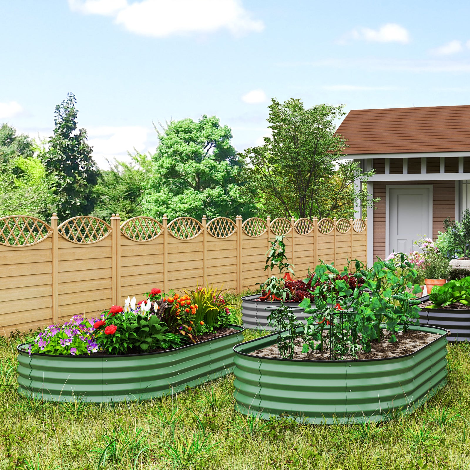 Set Of 2 Raised Beds For Garden W/ Metal Plant Stakes | Green