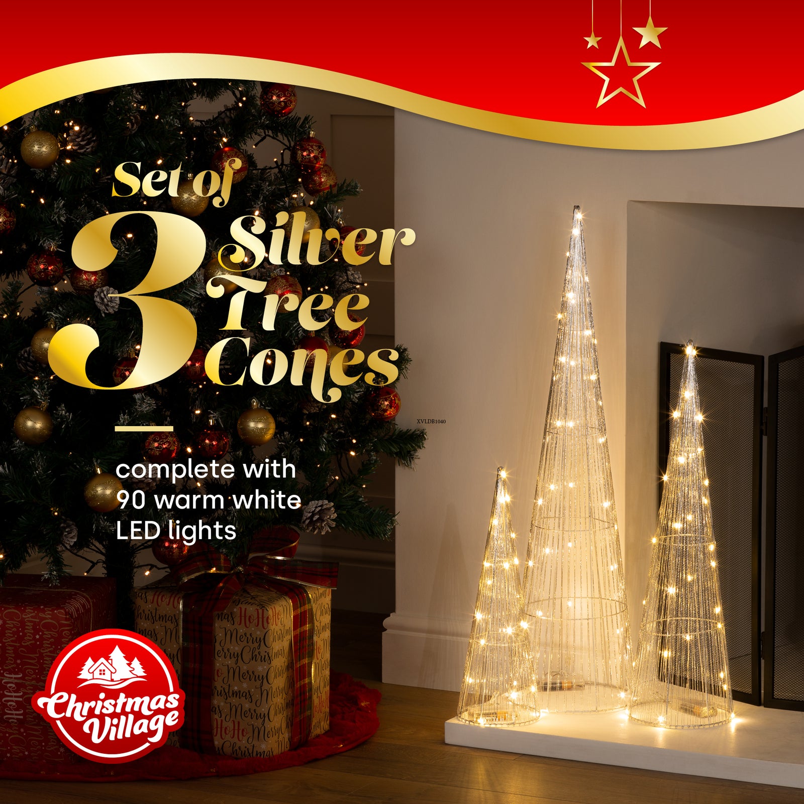 3pc Light Up Cone Tree Decorations With Warm Led Lights