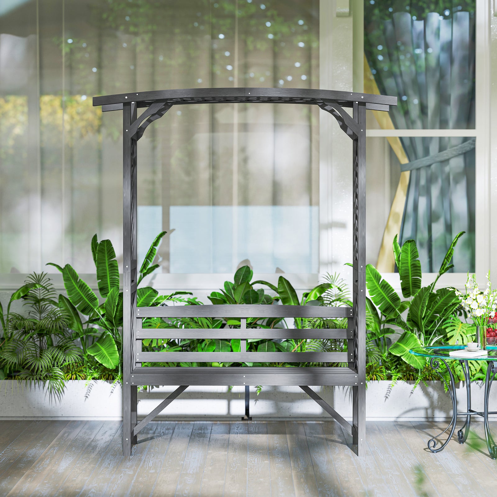 Outsunny Arch Pergola With Seat, Natural Wood, Grey