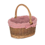 Red Checked Lined Country Oval Wicker Shopping Basket | Small