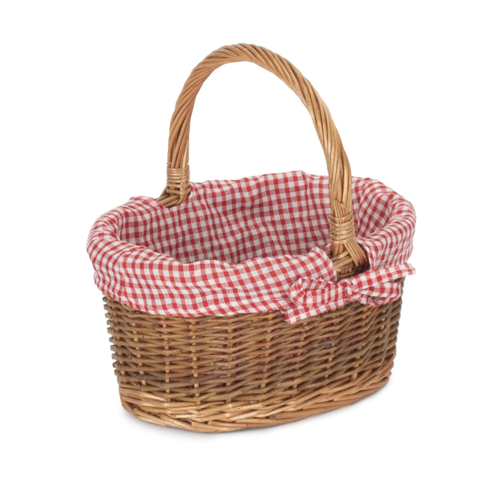 Red Checked Lined Country Oval Wicker Shopping Basket | Small