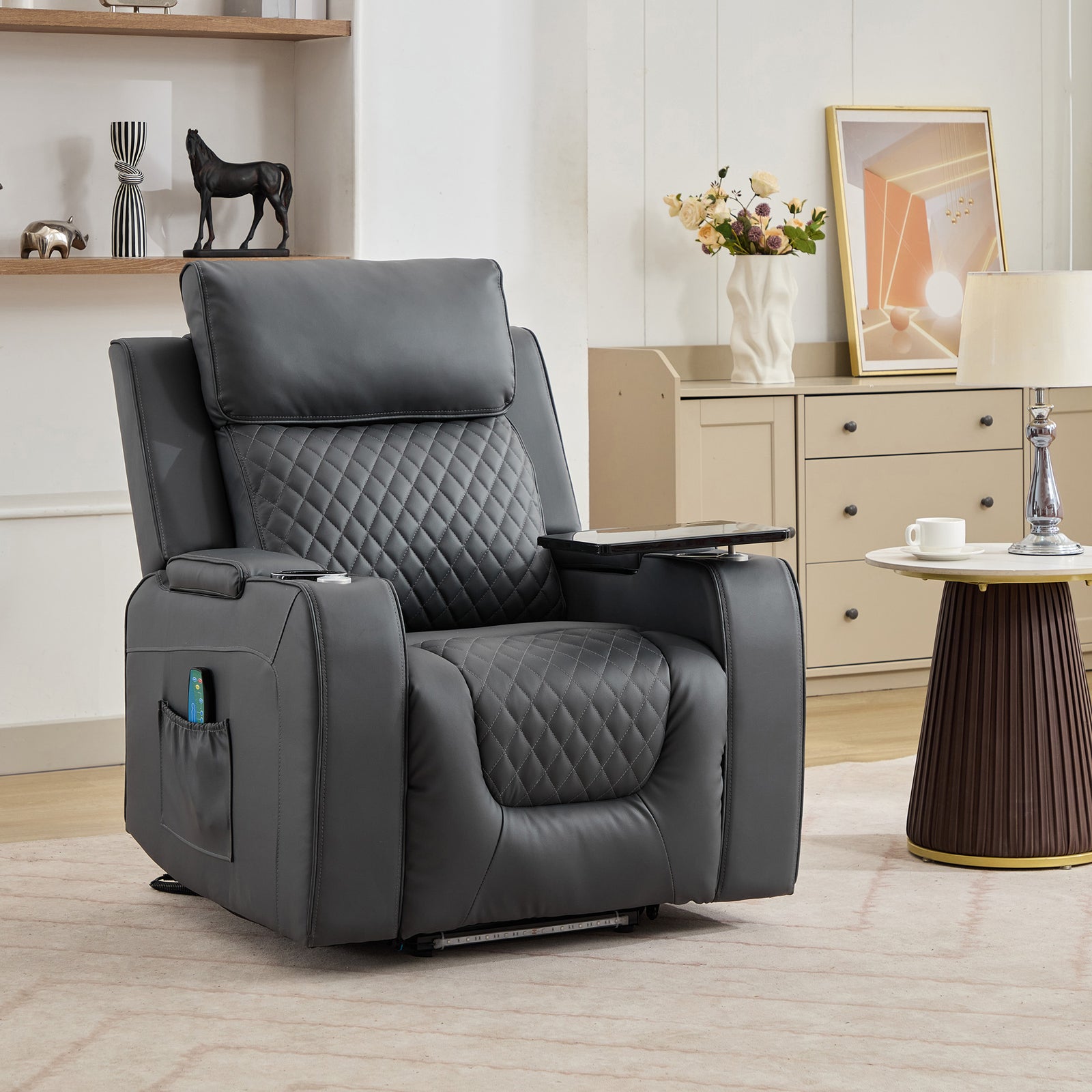 Byron Electric Riser Recliner Chair With Massage And Heat, Drink Cooler, Table | Grey
