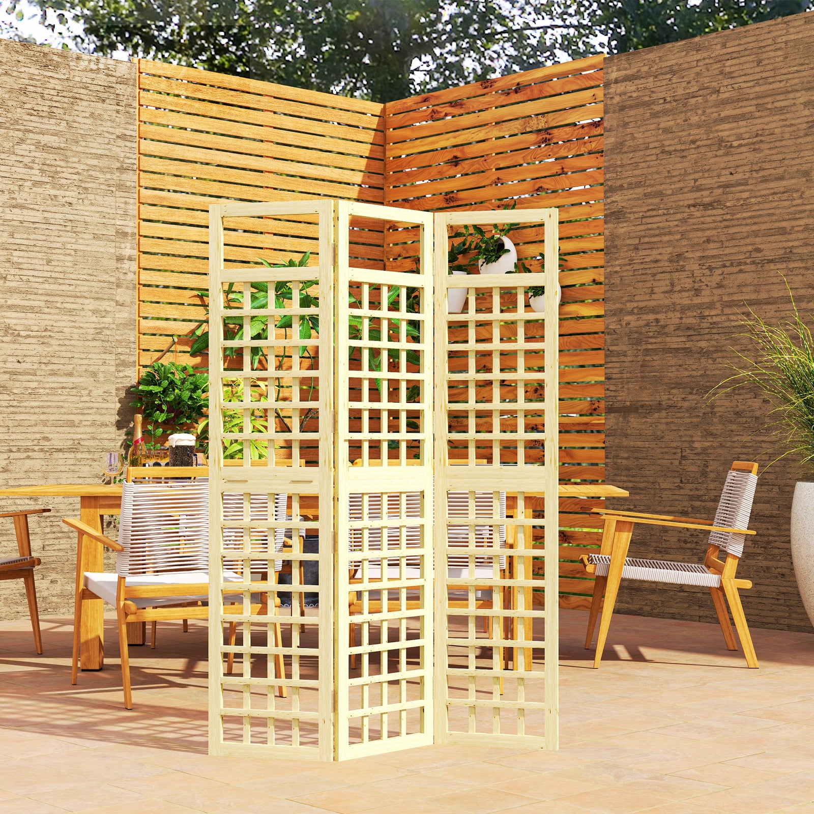 3-panel Wooden Garden Privacy Screen Wood Finish