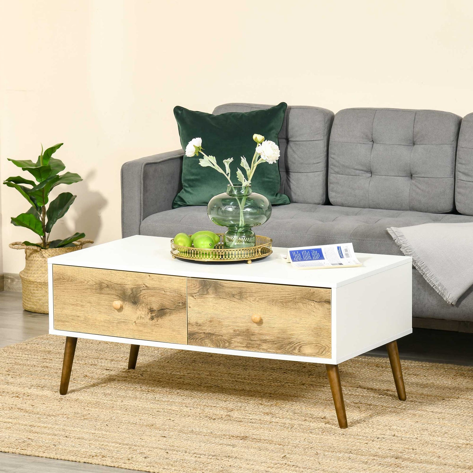 Coffee Table With 4 Drawers, Natural Wood
