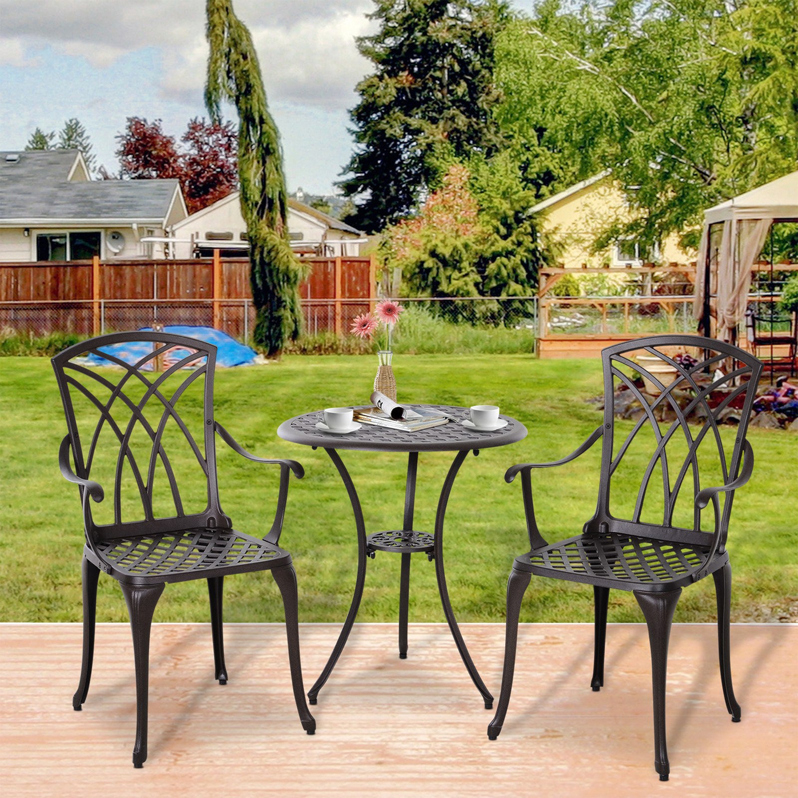 3 Pcs Coffee Table Chairs Garden Furniture Set W/ Hole