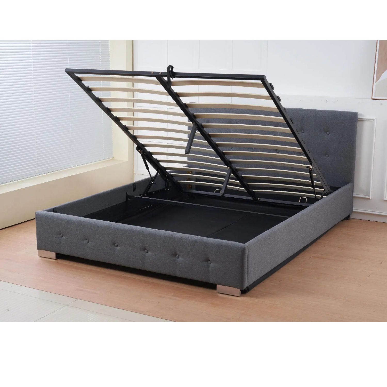 The Oslo Grey Linen Tufted Ottoman Bed Frame | King | Grey