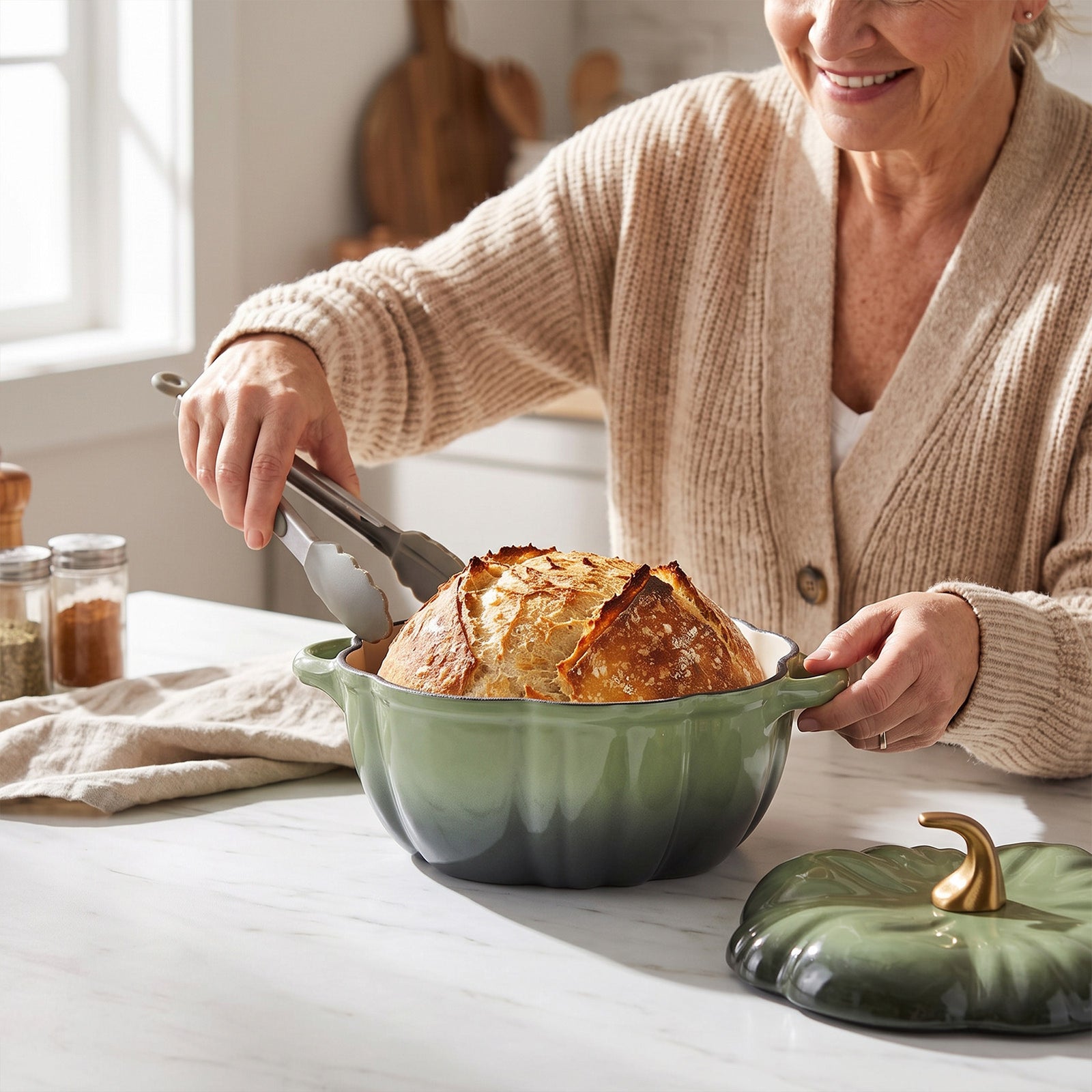 Enamelled Cast Iron Pumpkin Dutch Oven With Lid And Handles | Green