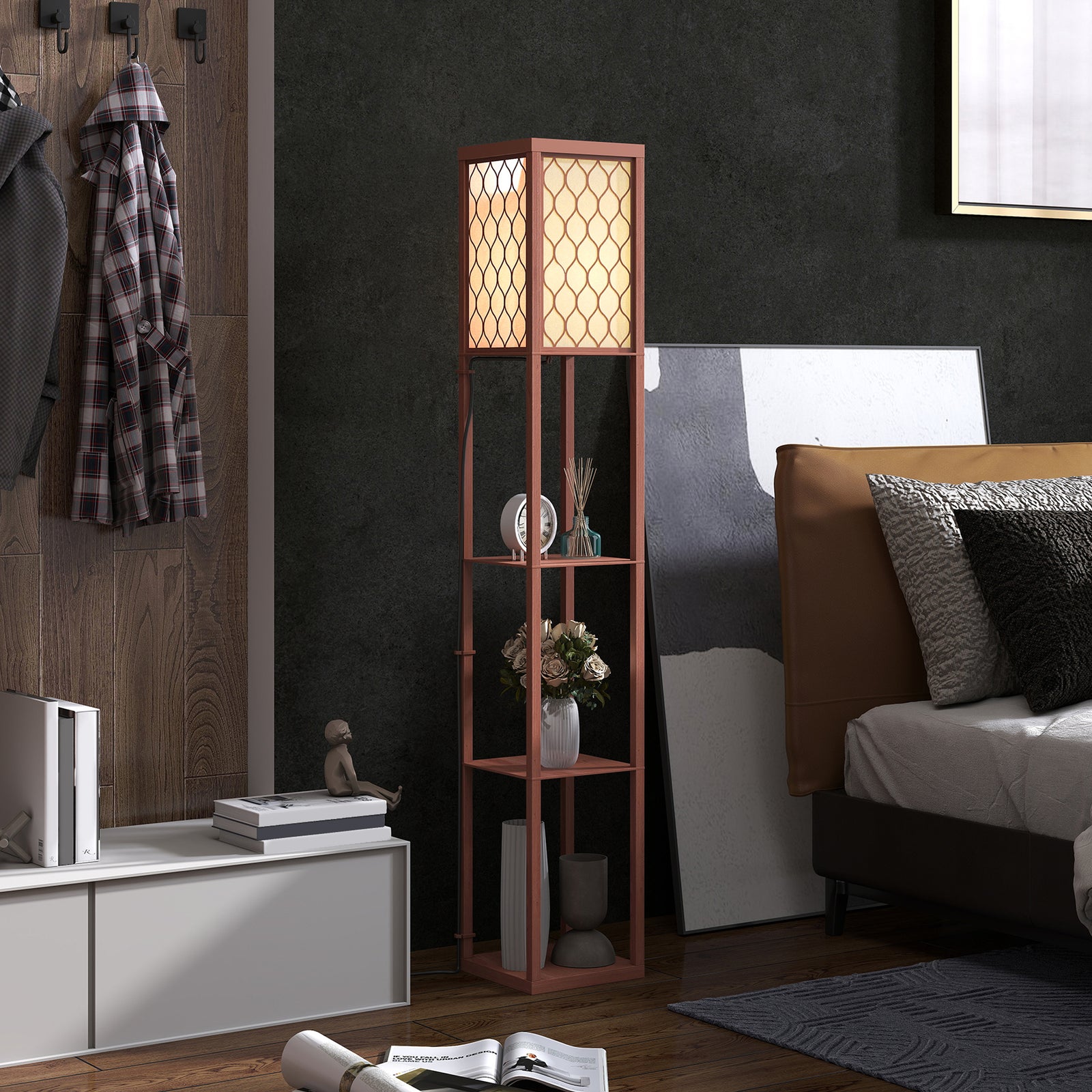 Modern Floor Lamp Light With 3 Shelves Fabric Lampshade | Brown