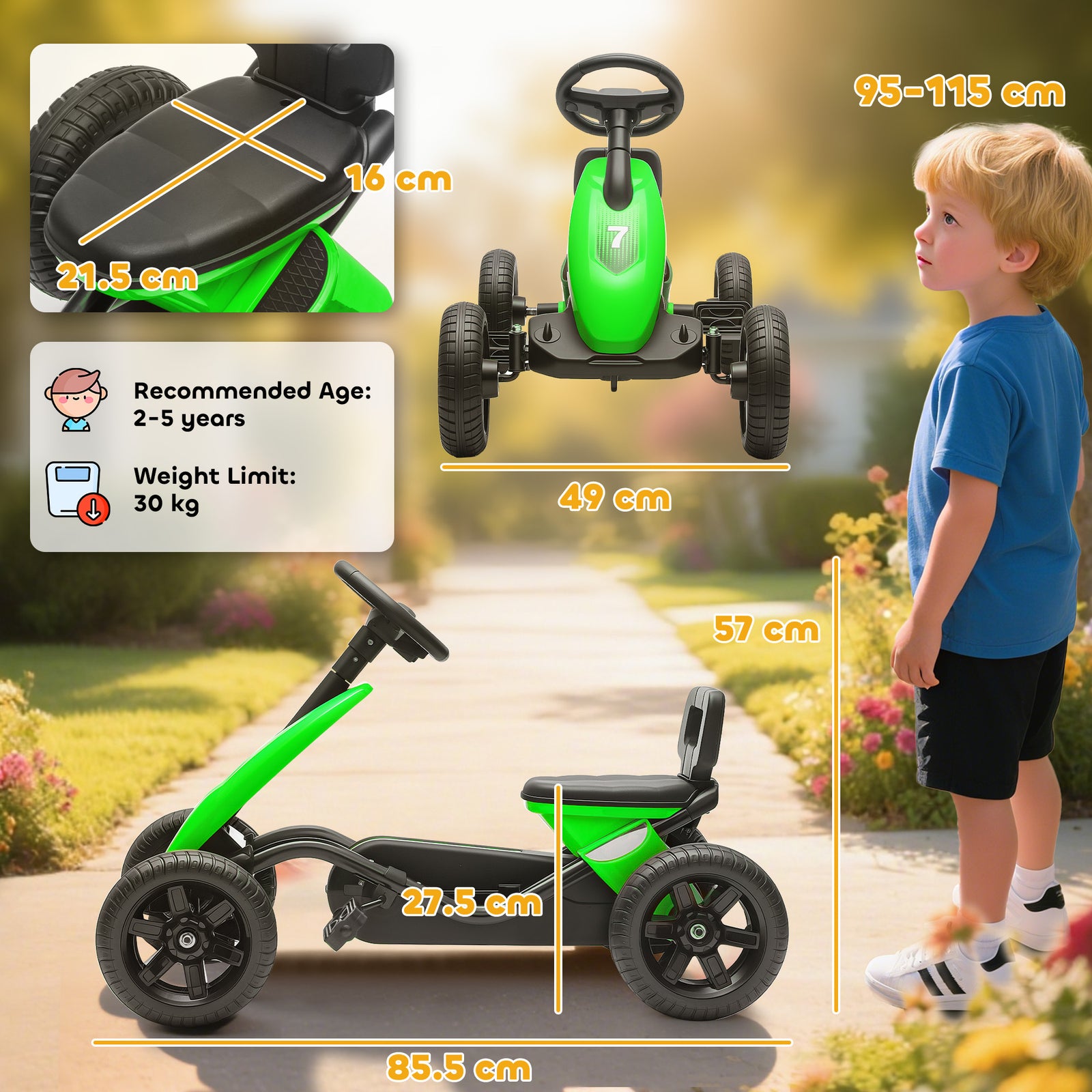 Pedal Go-kart For Kids With Silent Eva Wheels, Metal Frame | Green