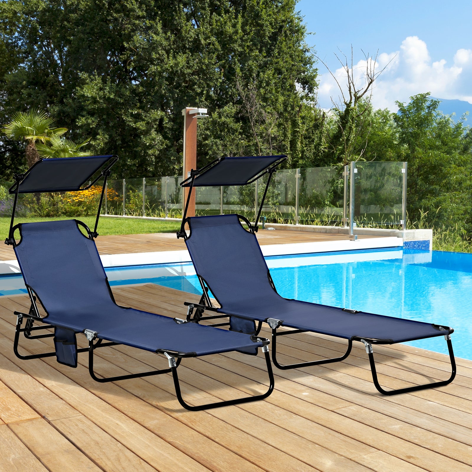 2 Piece Folding Sun Loungers With Adjustable Backrest | Dark Blue