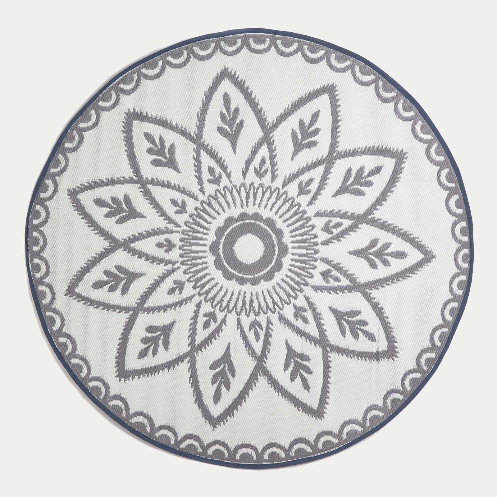 Luxury Outdoor Rug Waterproof Reversible Round For Garden Patio 100% Recycled, Grey Henna