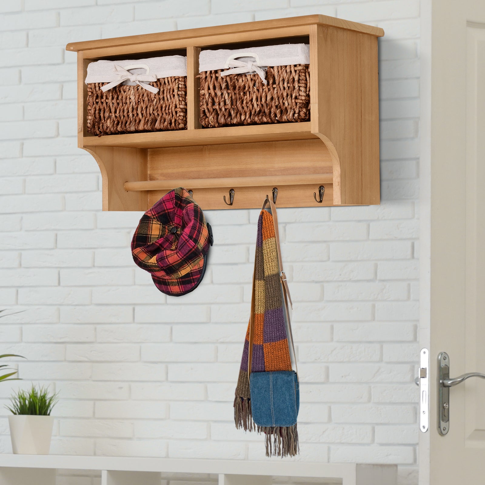 Entryway Coat Rack Wall Mounted Shelf Hooks 2 Baskets