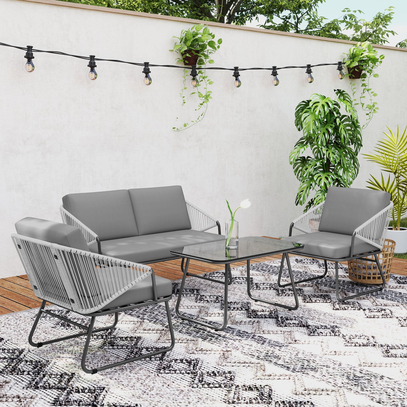 4 Piece Rattan Garden Furniture Set With Cushions | Gray