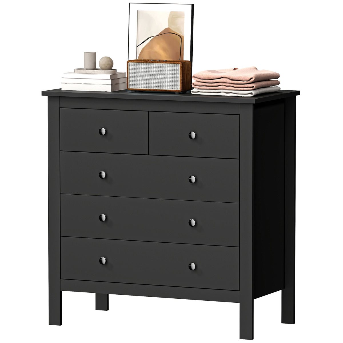 HOMCOM Modern Chest Of Drawers, 5 Drawer Unit Storage Chest For Bedroom, Black