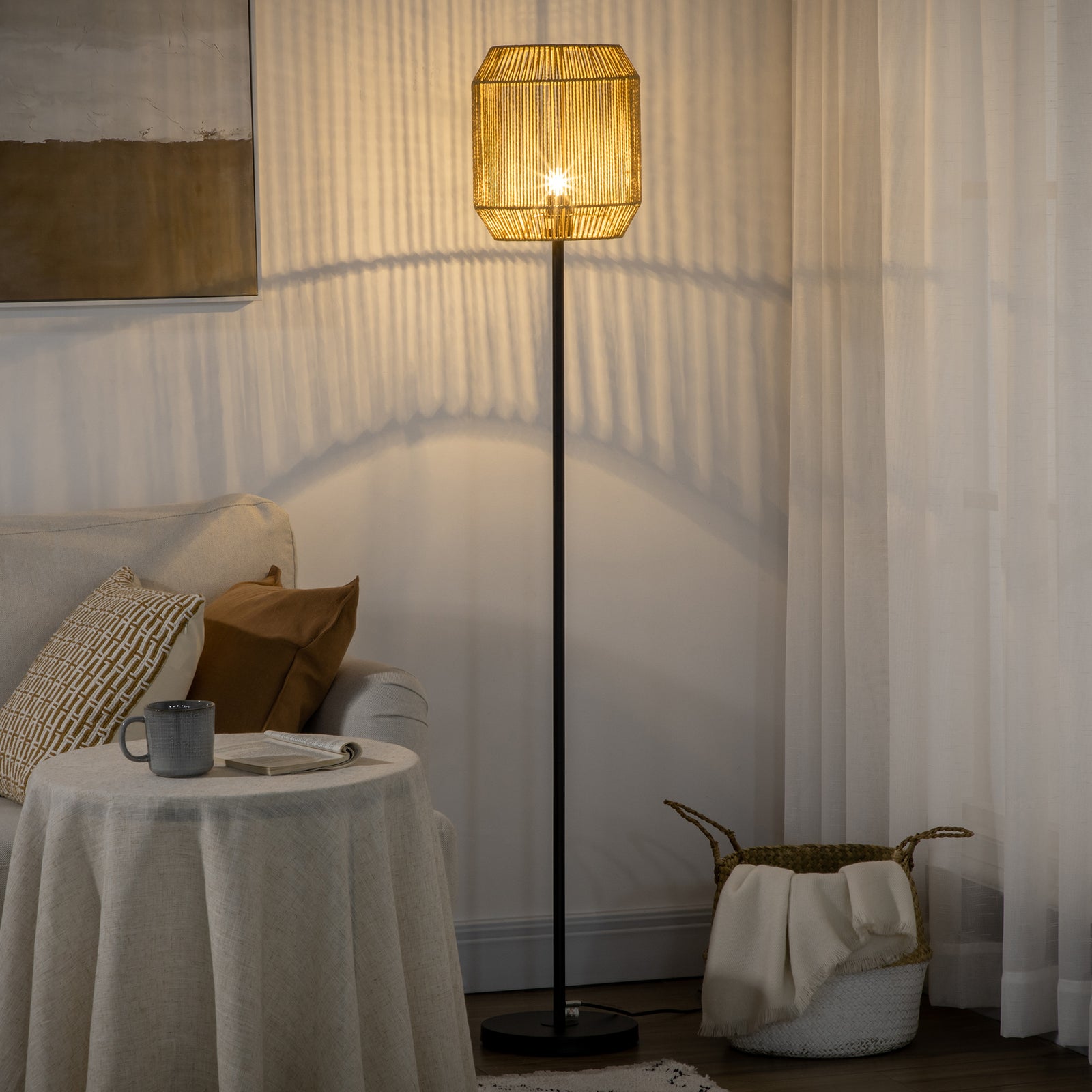 Farmhouse Floor Lamp With Rattan Wicker, Natural