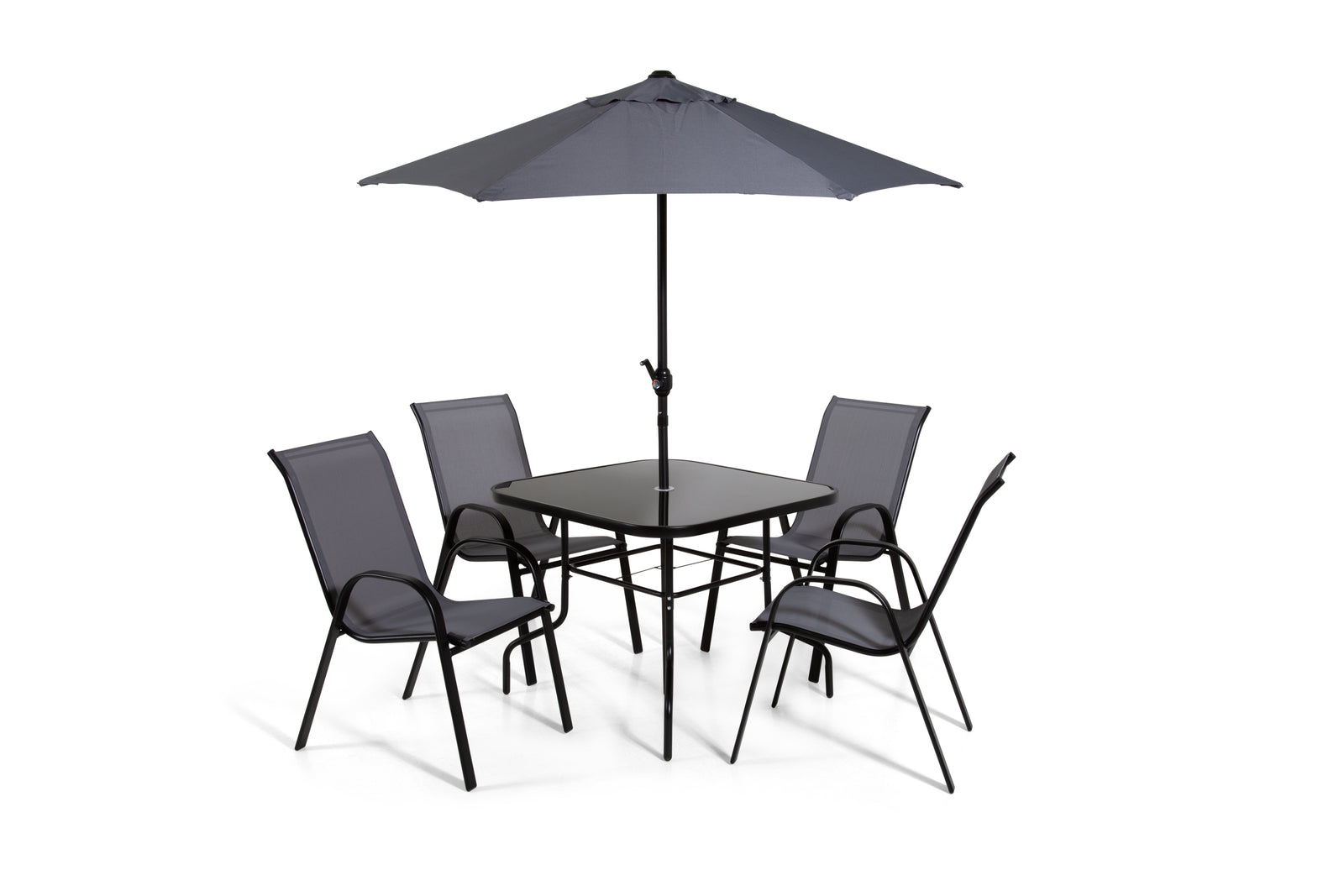 The Lancaster - Black And Grey Metal 4 Seat Garden Dining Set Including Parasol