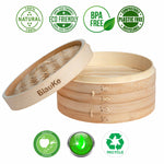 BlauKe Bamboo Steamer Basket 25cm With Chopsticks, Tongs, 50 Paper Liners - 2-tier Food Steamer For Cooking Dumplings Vegetables