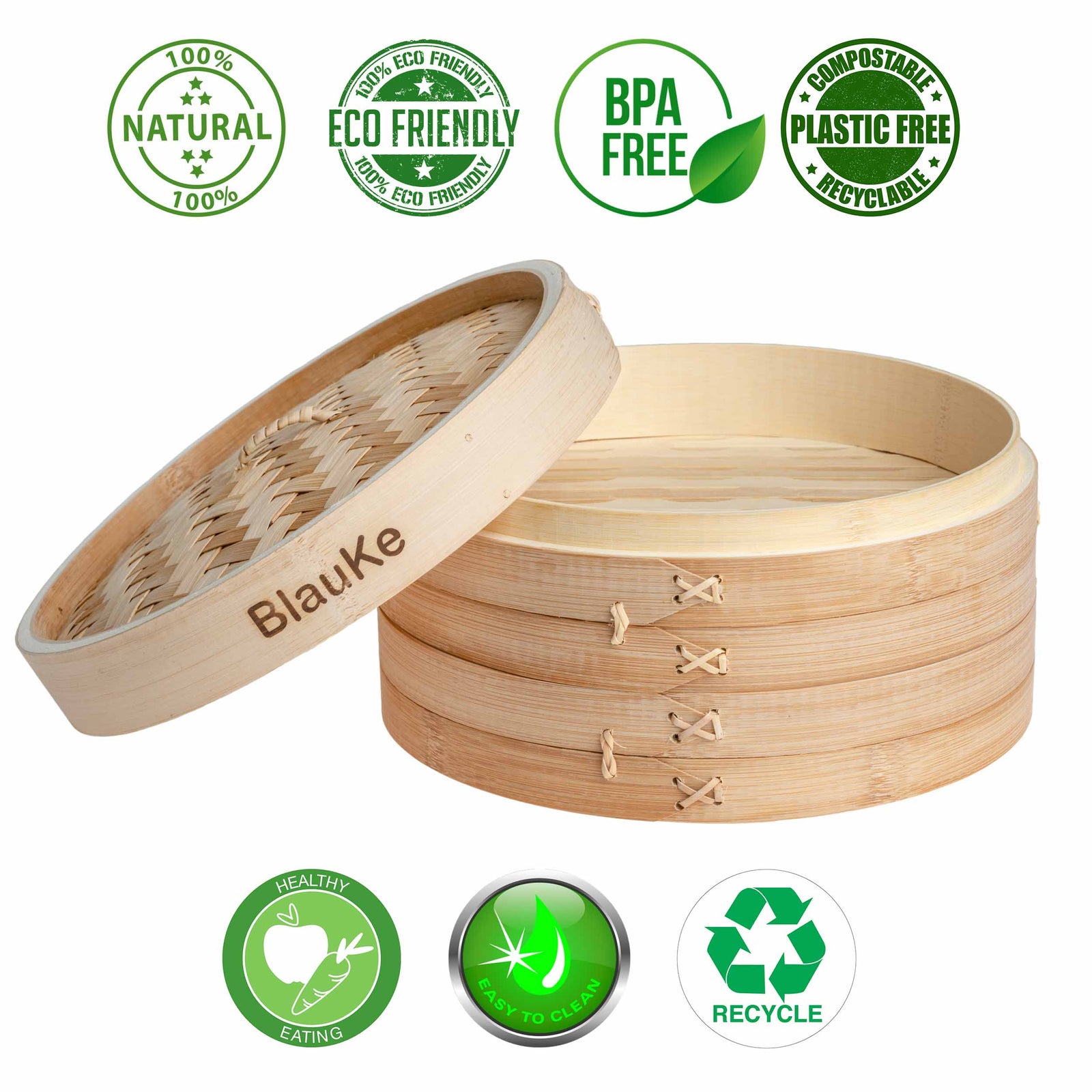 BlauKe Bamboo Steamer Basket 25cm With Chopsticks, Tongs, 50 Paper Liners - 2-tier Food Steamer For Cooking Dumplings Vegetables