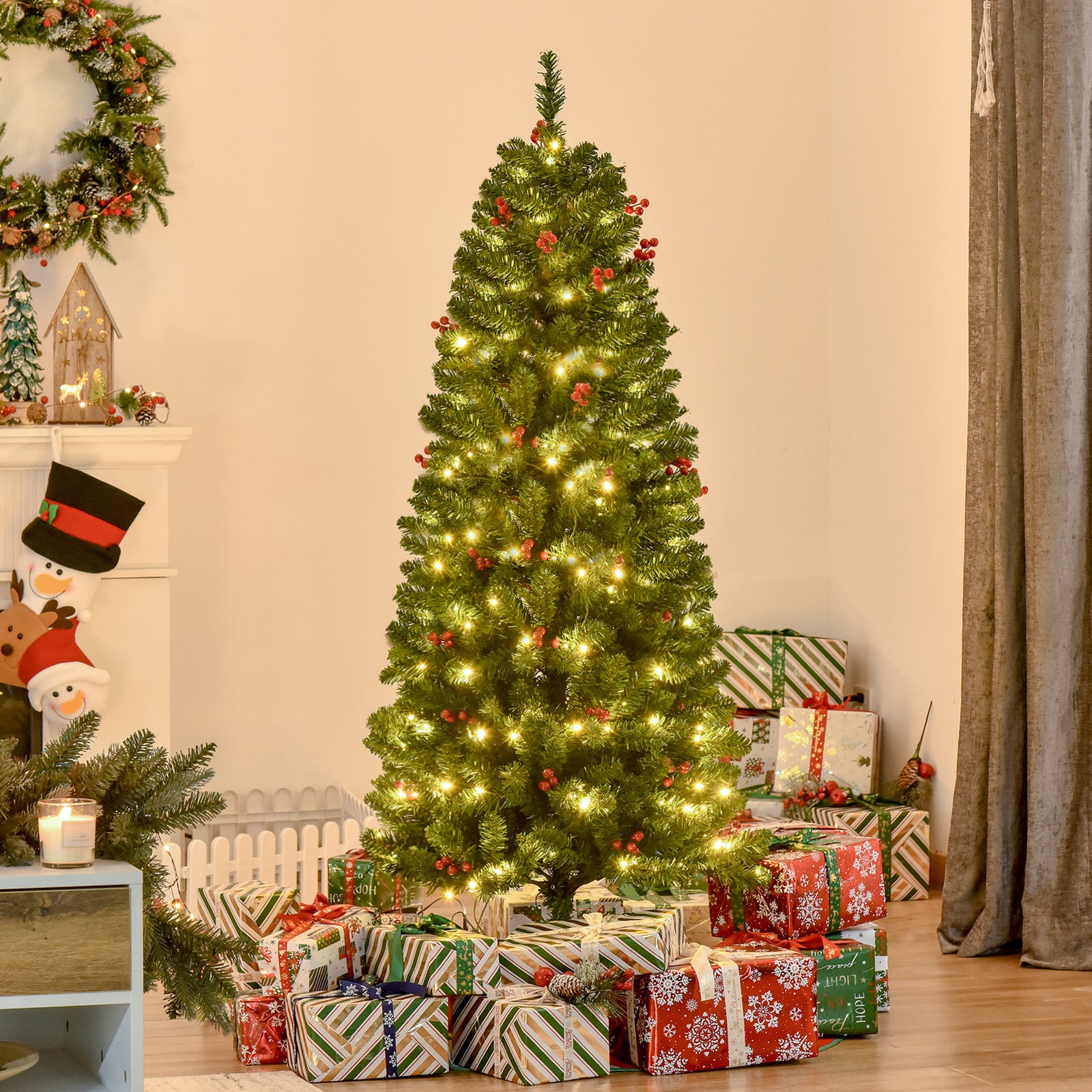 5/6/7ft Prelit Pencil Christmas Tree With Led And Berry | 5ft | Green