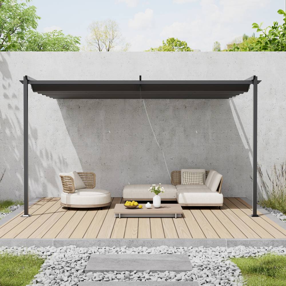3x3m/3x4m Lean To Pergola With Retractable Roof With Pa-coated Polyester Canopy Wall Mounted Garden Gazebo Outdoor Sun Shade Shelter For Patio | 3m x 3m | Dark Grey