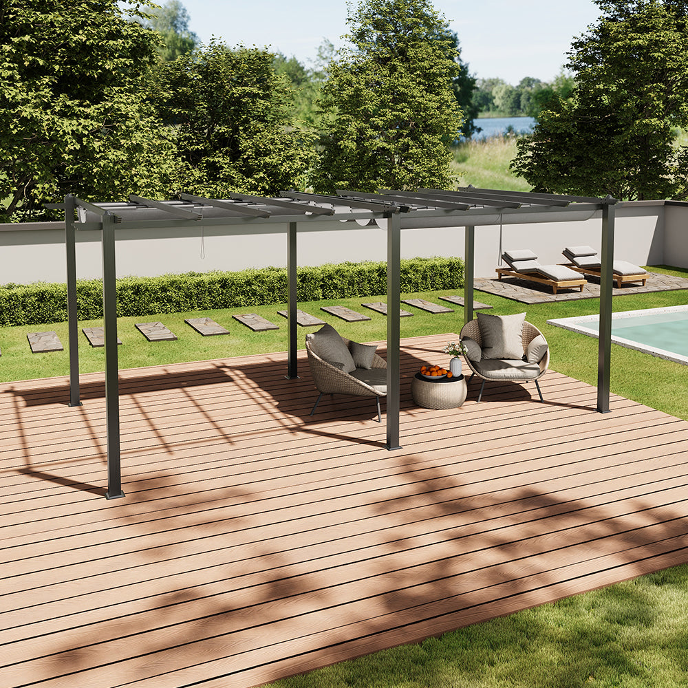 3m X 6m Aluminium Pergola With Retractable Roof,pu-coated Water-resistant Canopy,black Frame Patio Shelter For Garden, Backyard | Grey