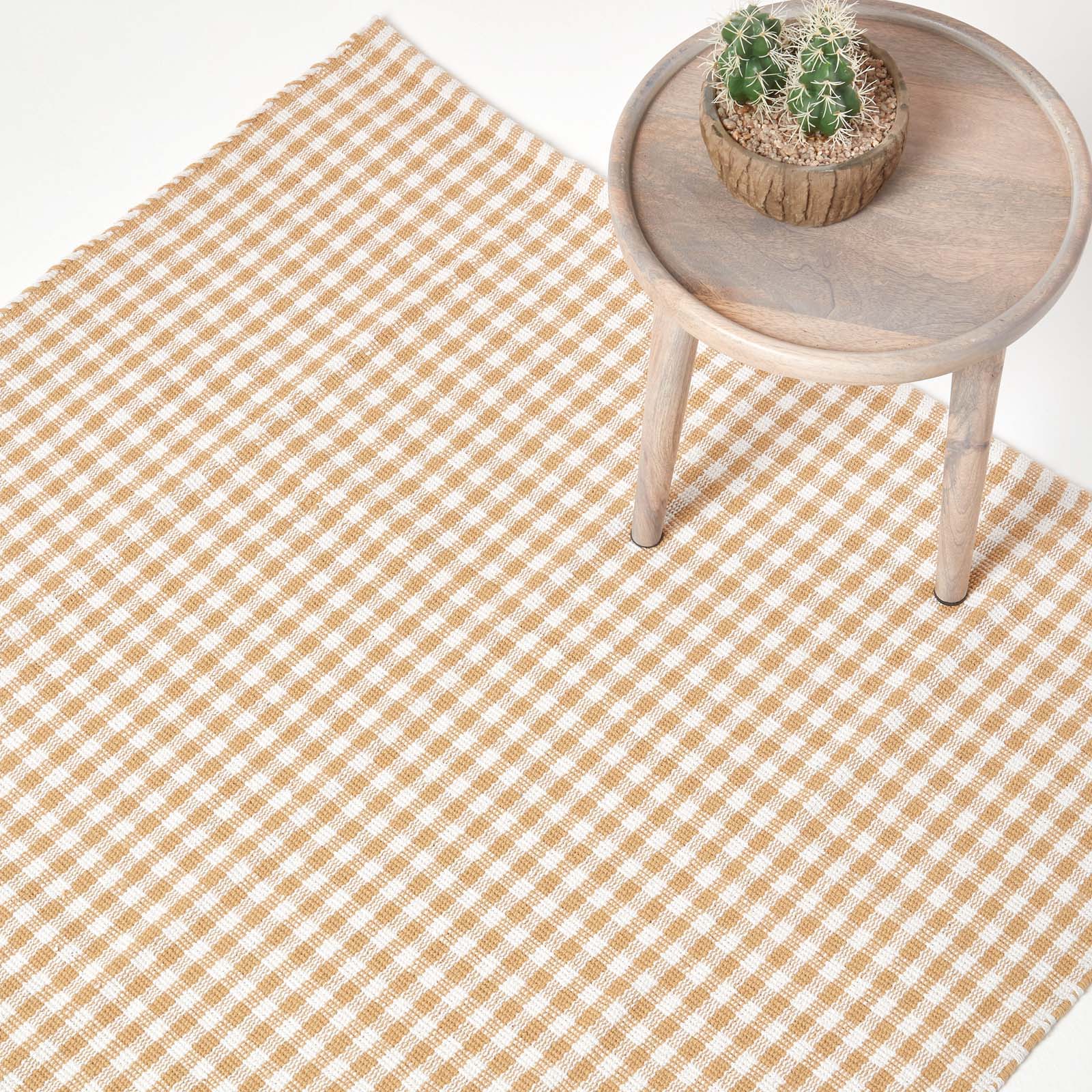 Cotton Gingham Check Rug Hand Woven | 120cm x 80cm | Beige