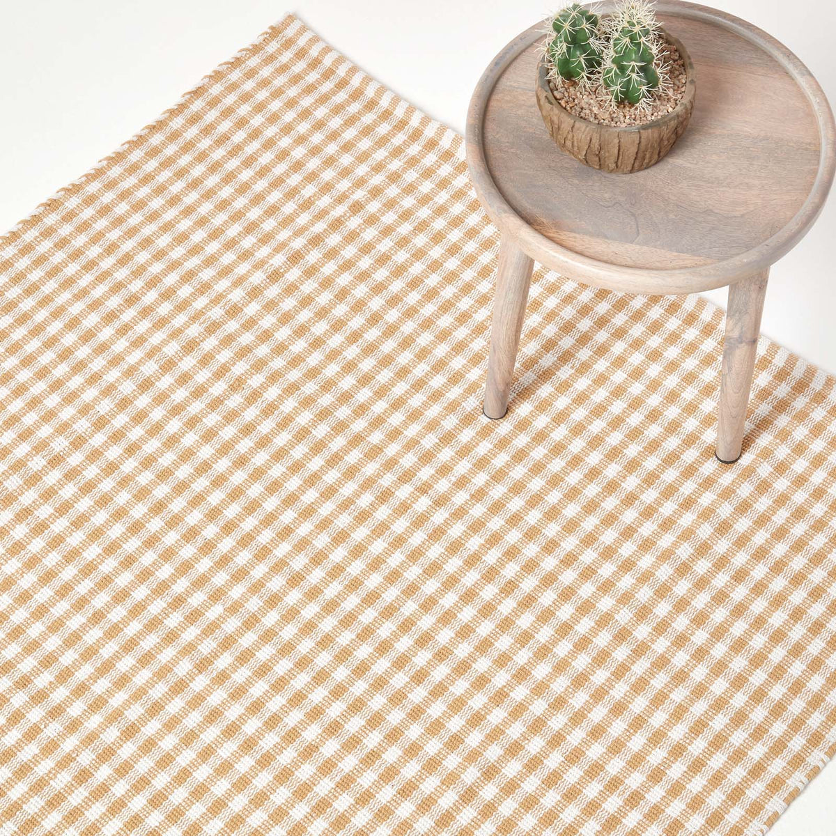 Cotton Gingham Check Rug Hand Woven | 120cm x 80cm | Beige