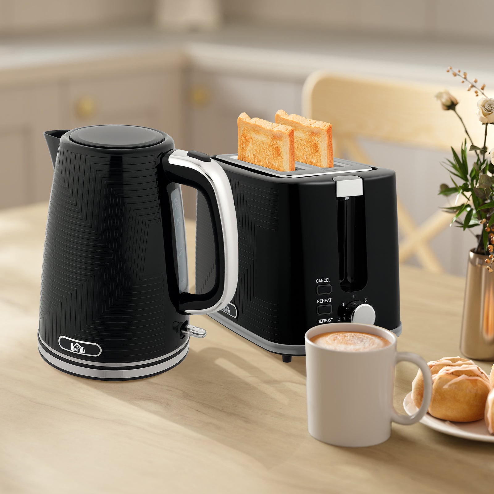 1.7l 3000w Rapid Boil Kettle And 2 Slice Toaster Set Crumb Tray | Black