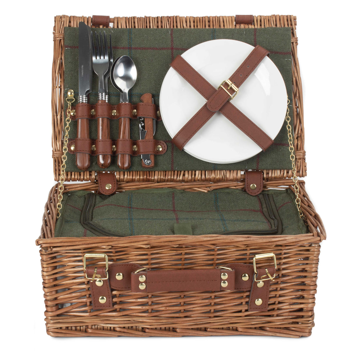 Green Tweed Classic Picnic Wicker Basket | 2 Person | Green