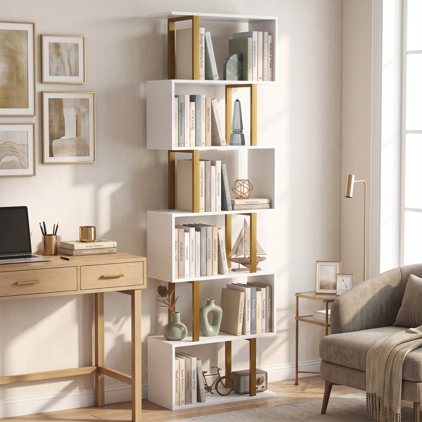 S-shaped Bookshelf, 6-tier Bookcase With Anti-tip Strap | White
