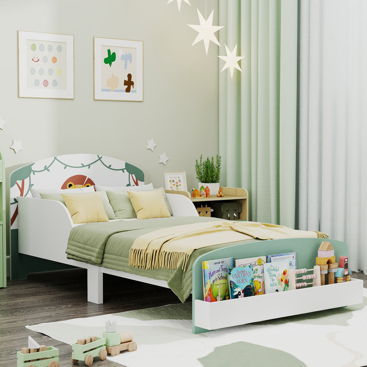 Toddler Bed, Lion-themed Kids Bed Frame With Storage | Green