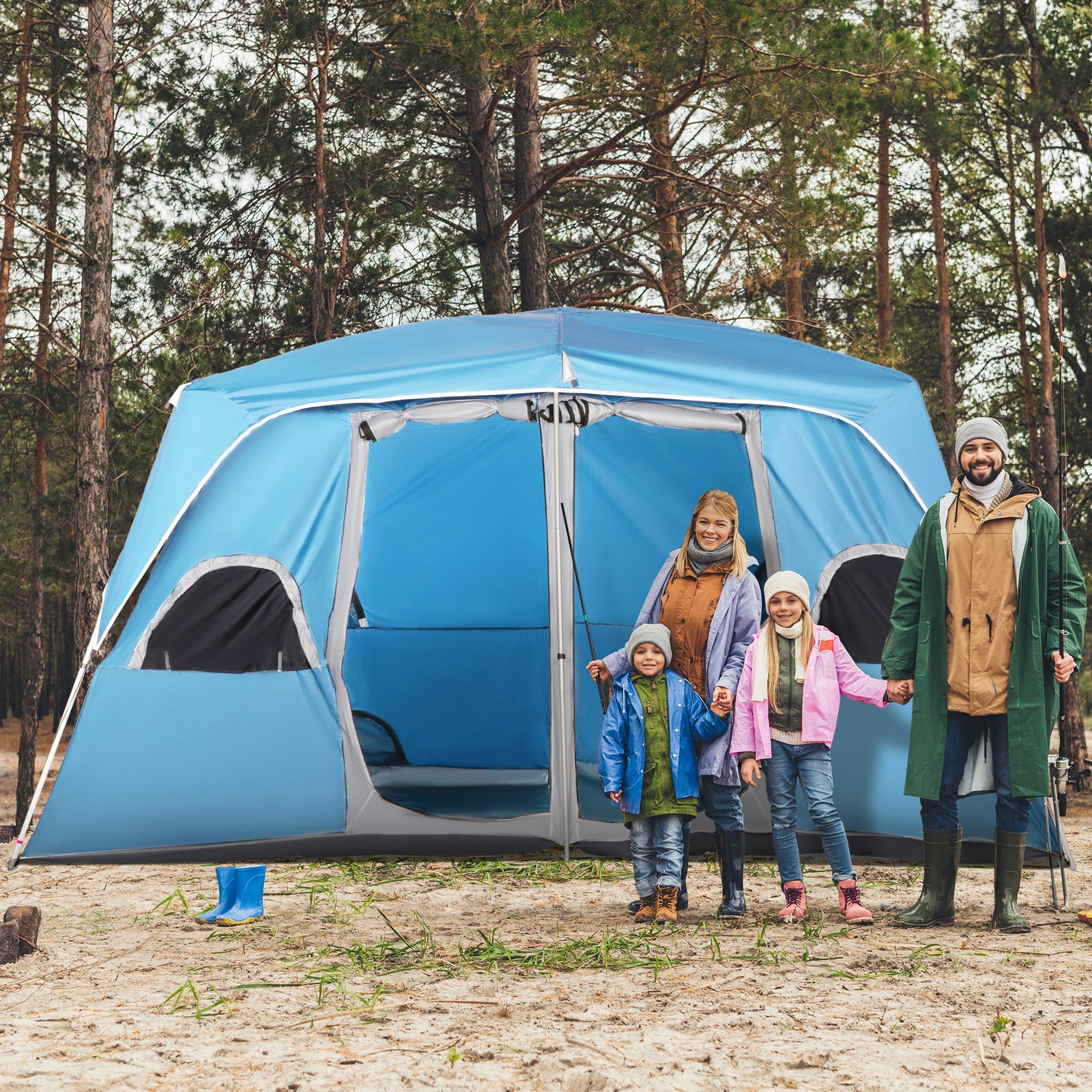 Camping Tent, Family Tent 4-8 Person 2 Room Easy Set Up | Blue