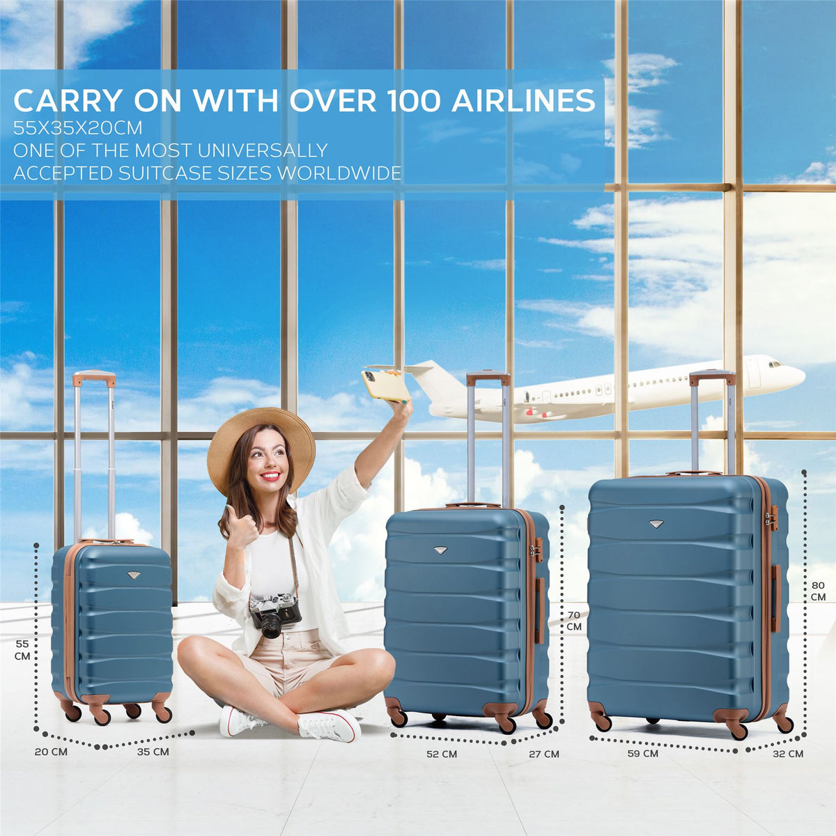 Set Of 3 Hard Shell Suitcase Cabin & Check In Cases With Tsa Lock - Overhead Cabin With Medium & Large Check-in Bag | Set of 3 | Blue