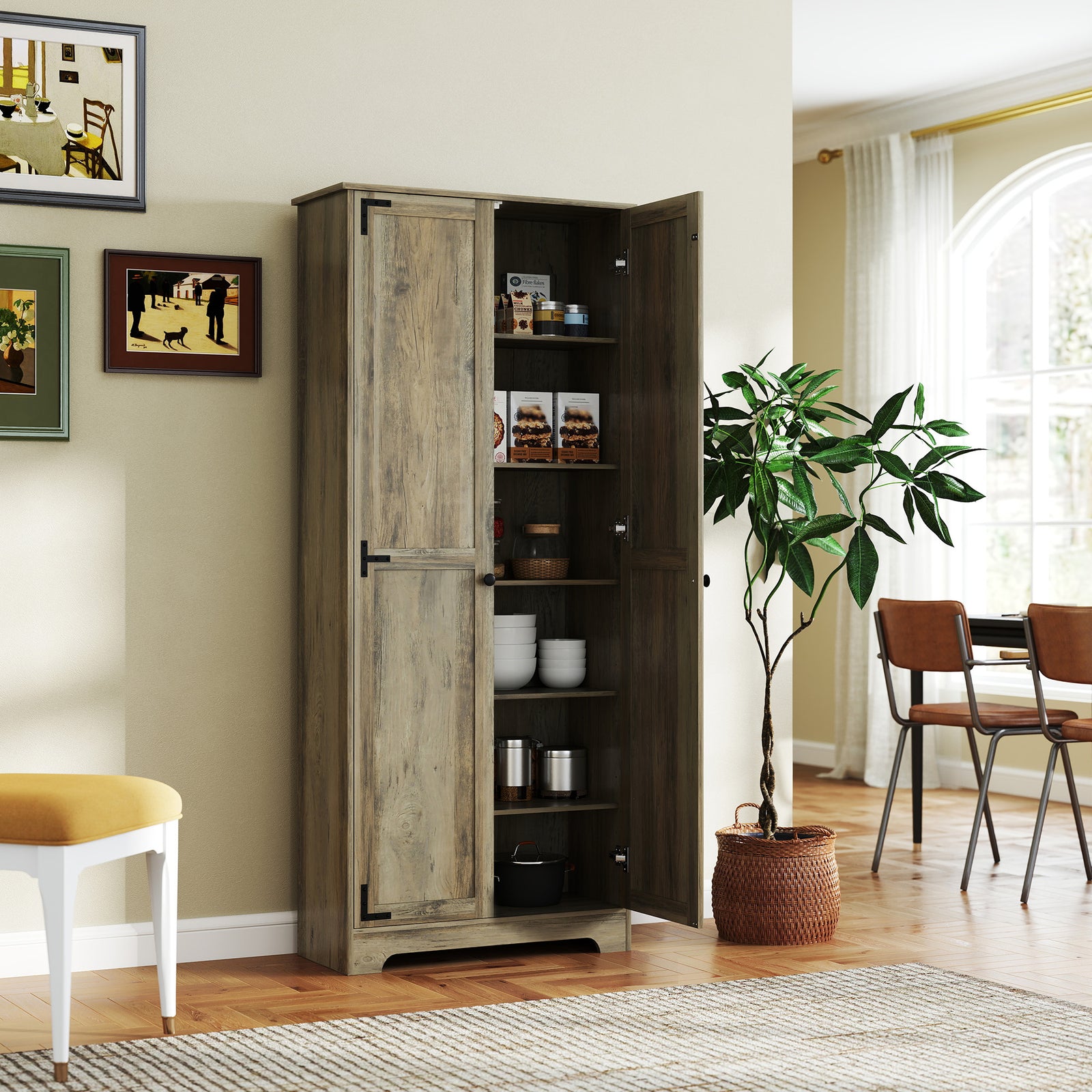 HOMCOM Farmhouse Kitchen Cupboard, Kitchen Cabinet, Grey Wood-effect
