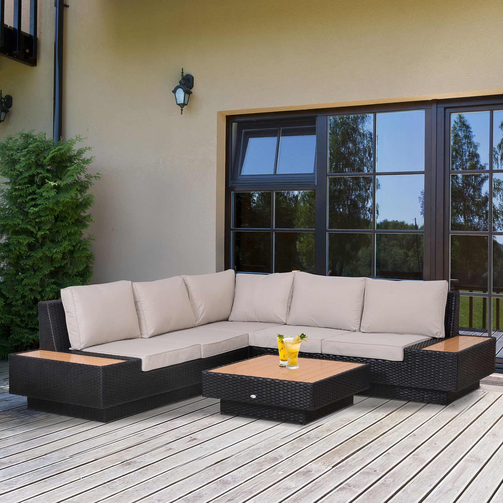 4pcs Rattan Sofa Set Garden Furniture Set W/ Armrest Cushion | Black