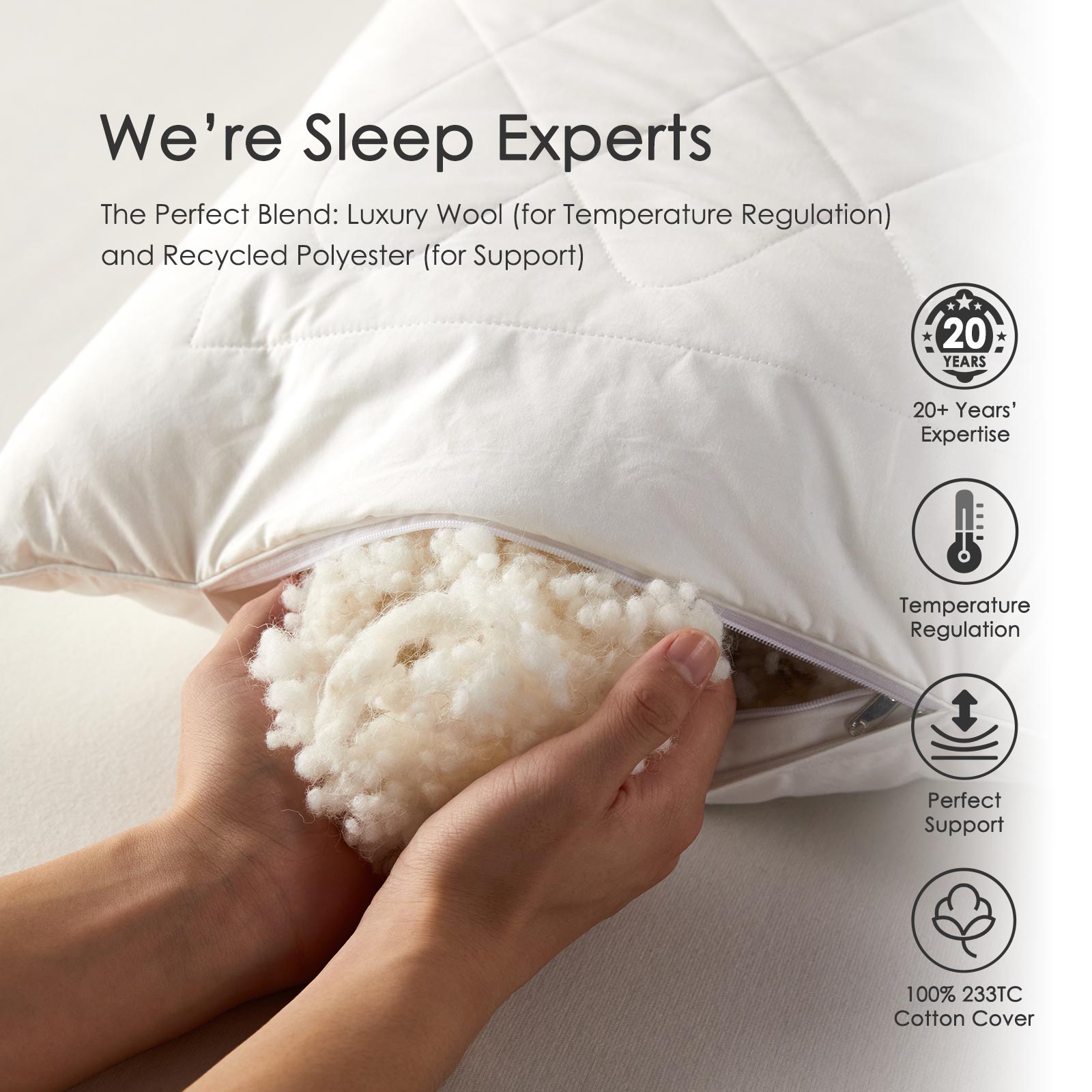 Premium Wool Pillow With Quilted Case, 19 X 29"