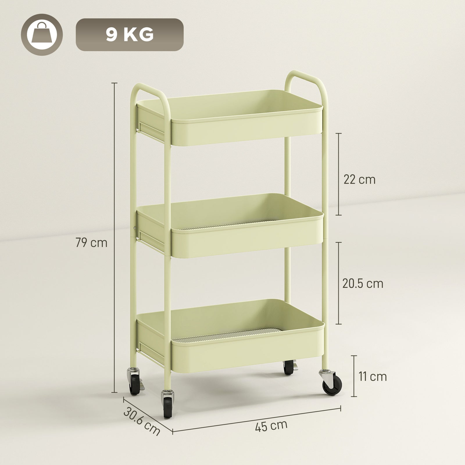 3 Tier Rolling Utility Cart With 3 Mesh Basket | One Size | Green