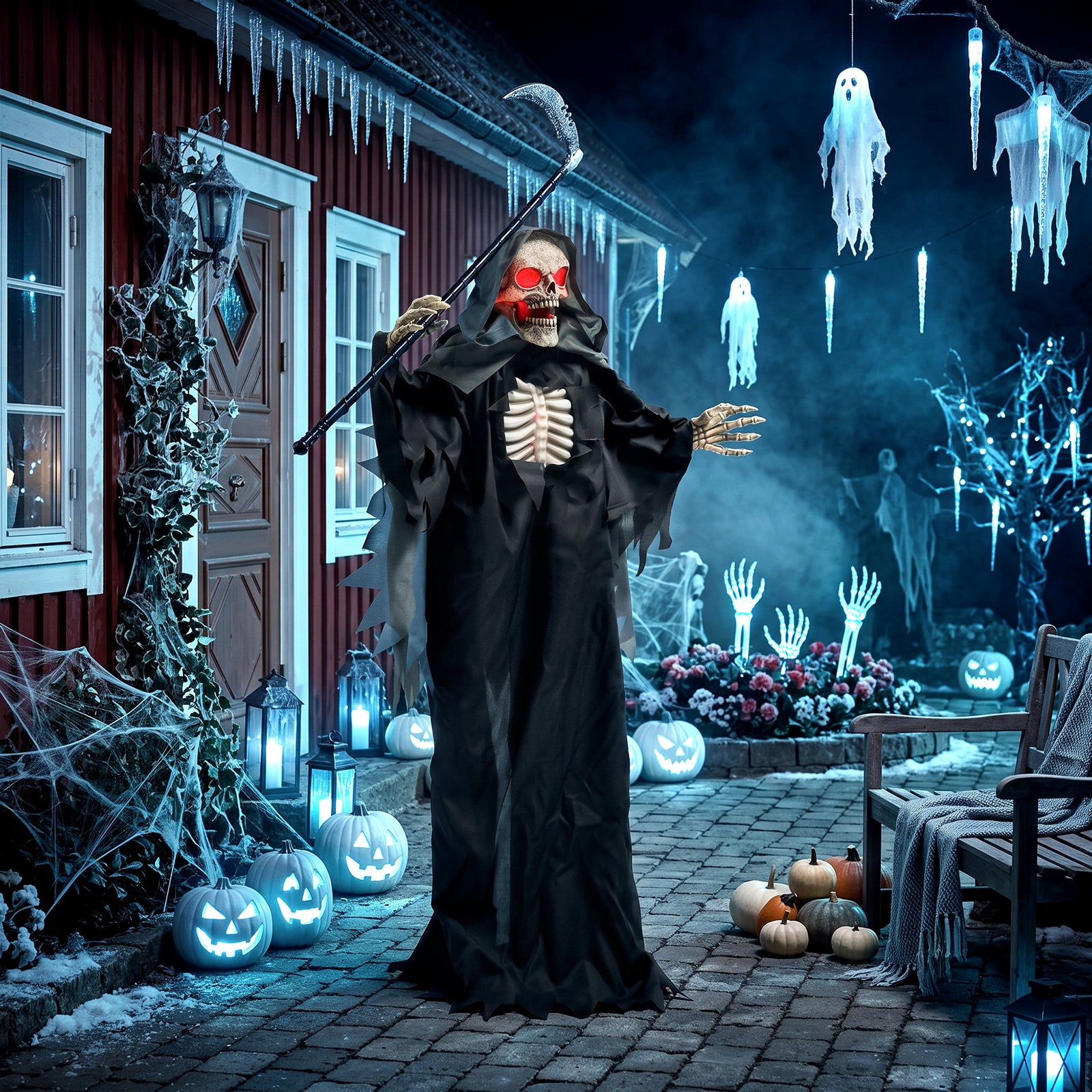 HOMCOM 67"/170cm Life Size Animated Grim Reaper Halloween Decoration