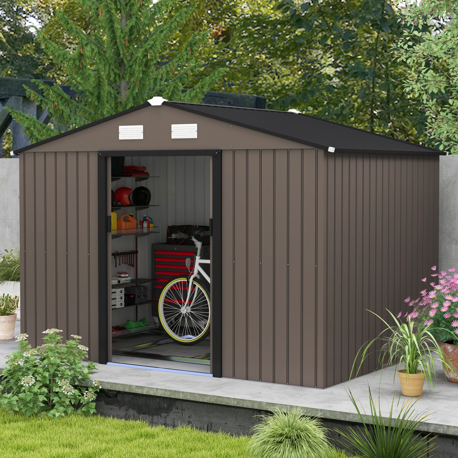 Garden Shed Storage Unit With Locking Door Floor Foundation | Medium | Brown